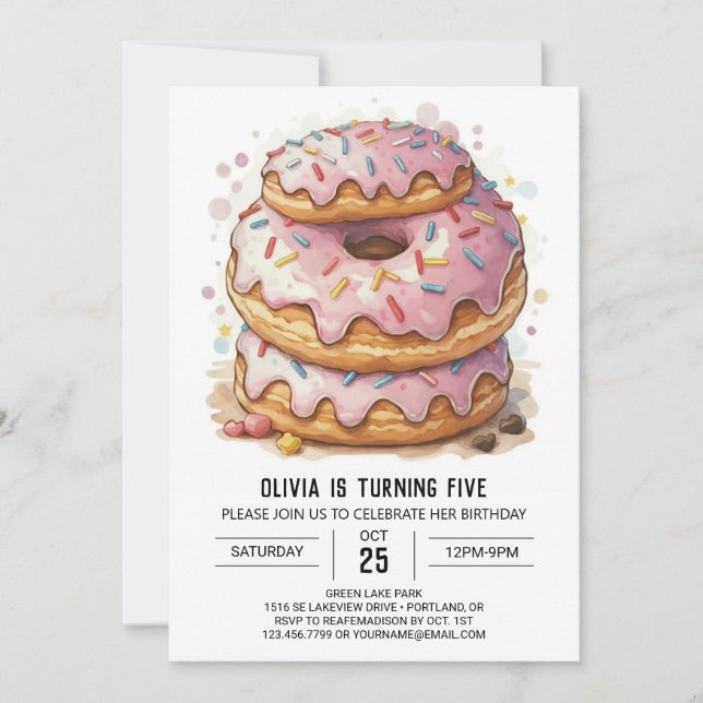 Invitación Día de cumpleaños de donuts modificables para dive (Anverso)