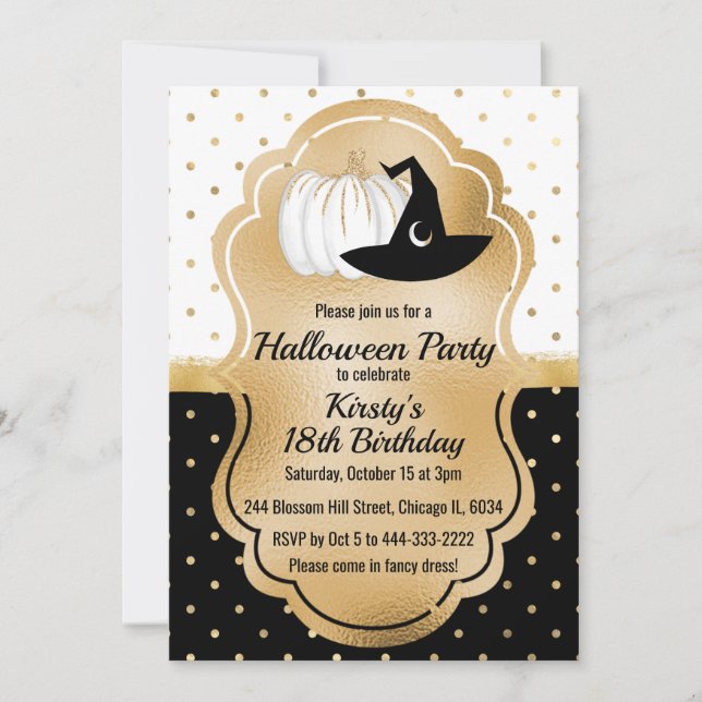 Invitación Día de cumpleaños de Halloween con puntos de oro b (Anverso)