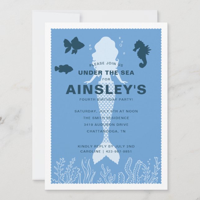 Invitación Día de cumpleaños de la sirena azul bajo el mar (Anverso)