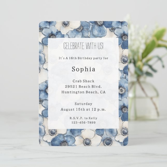 Invitación Día de cumpleaños de las flores de denim blanco az (Anverso de pie)