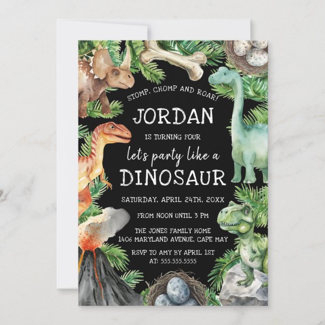Invitación Día de cumpleaños de los dinosaurios de los niños  (Anverso)