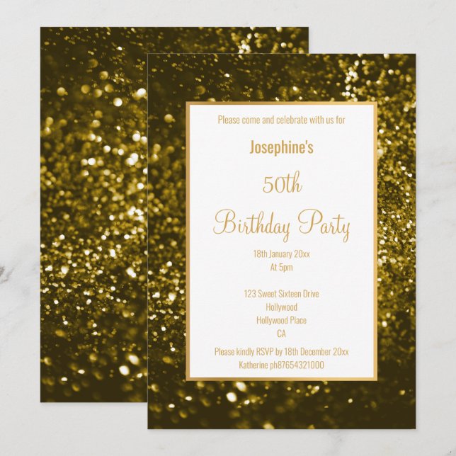 INVITACIÓN DÍA DE CUMPLEAÑOS DE PERSONALIZADO DE PURPURINA NE (Anverso / Reverso)