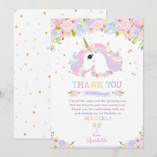 Invitación Día de cumpleaños de Rainbow Unicornio Gracias Bon (Anverso / Reverso)