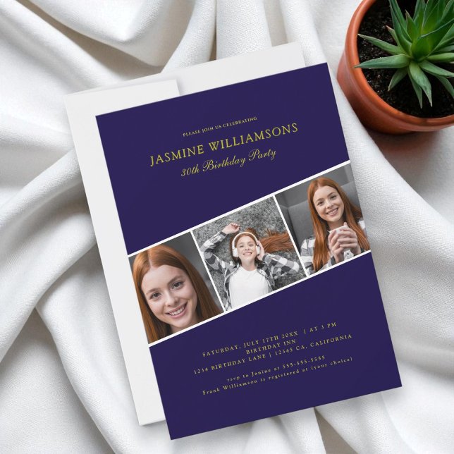 Invitación Día de cumpleaños de tres fotos de oro azul modern (Subido por el creador)