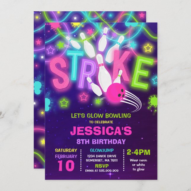 Invitación Día de cumpleaños del Neon Bowling con la invitaci (Anverso / Reverso)