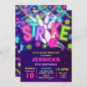 Invitación Día de cumpleaños del Neon Bowling con la invitaci