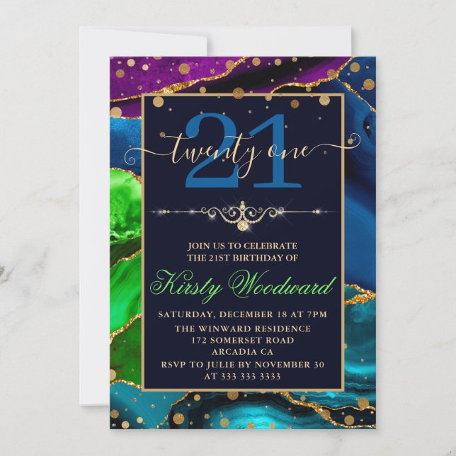 Invitación Día de cumpleaños del Purpurina Adulto Blue Green  (Anverso)
