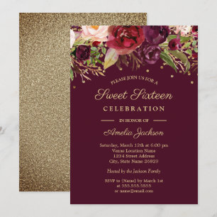 Invitación Día de Cumpleaños Dieciséis Floral Burgundy Acuare