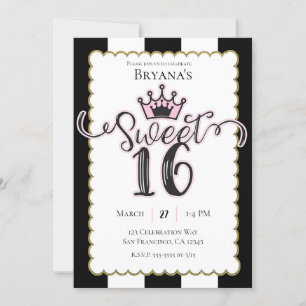 Invitación Día de Cumpleaños Dulces 16 Rayado Negro Oro Rosa 