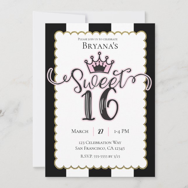 Invitación Día de Cumpleaños Dulces Dieciséis Rayado Negro Or (Anverso)