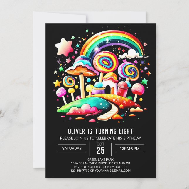 Invitación Día de cumpleaños editable en Candyland colorido (Anverso)