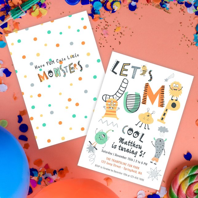 Invitación Día de Cumpleaños en Jump Cute Monster Parque de S (Jump Cute Monster Trampoline Park Birthday Party Invitation)