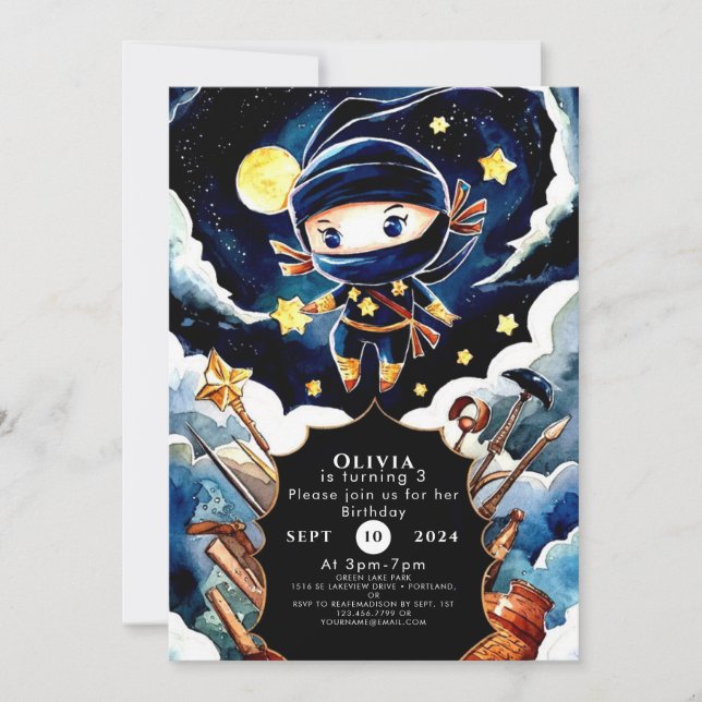 Invitación Día de cumpleaños Ninja editable y colorido (Anverso)
