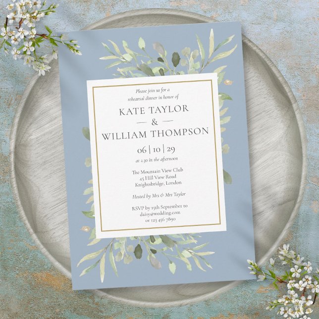 Invitación Día de ensayo de boda con acuarela en azul polvori (Dusty Blue Watercolor Greenery Rehearsal Dinner Invitation)