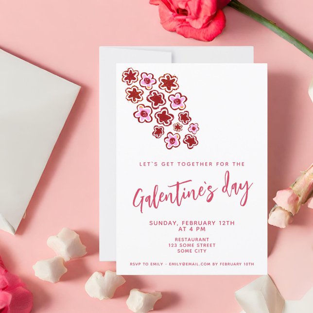 Invitación Día de Galentine Flores Rosadas Rojas Amigas (Subido por el creador)
