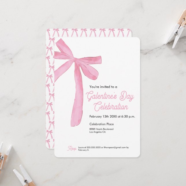 Invitación Día de Galentine Tema del arco de cinta rosada mod (Anverso/Reverso In Situ)