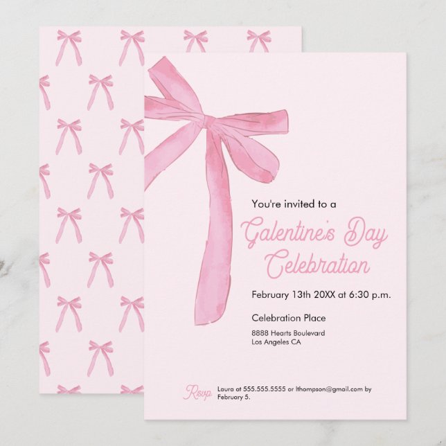 Invitación Día de Galentine's lazo de cinta rosa moderno feme (Anverso / Reverso)