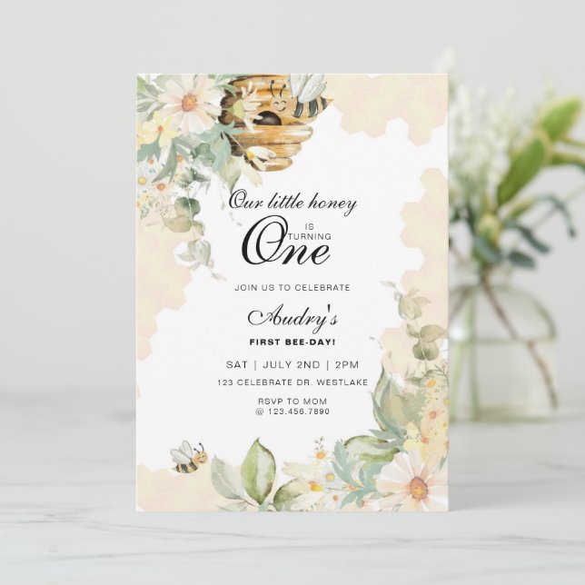 Invitación Día de la Abeja, tema de la Abeja del primer cumpl (Anverso de pie)