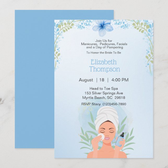 Invitación Día de la Bachelorette Party Floral Azul (Anverso / Reverso)