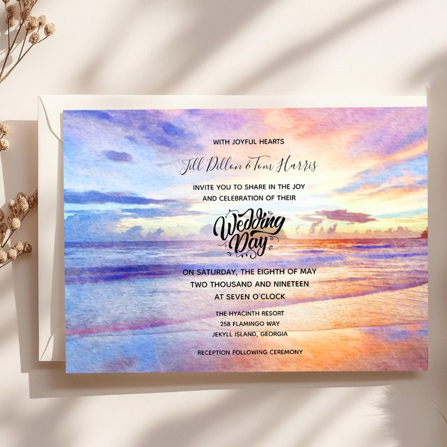 Invitación Día de la boda del amanecer en la playa de acuarel (Subido por el creador)