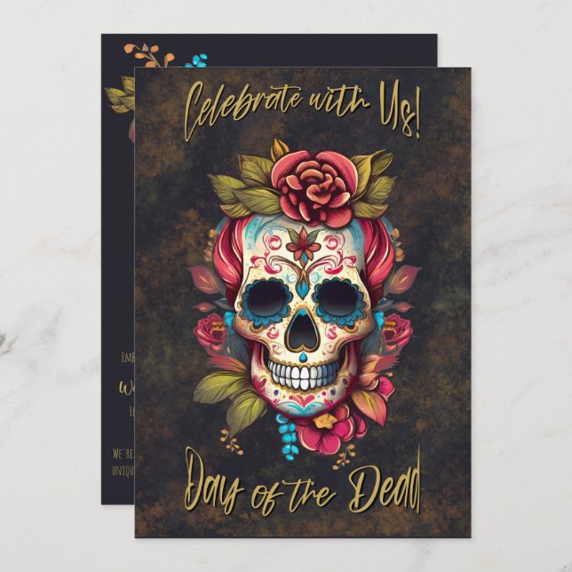 Invitación Día de la Calavera del Azúcar Floral del Inglés Mu (Anverso / Reverso)