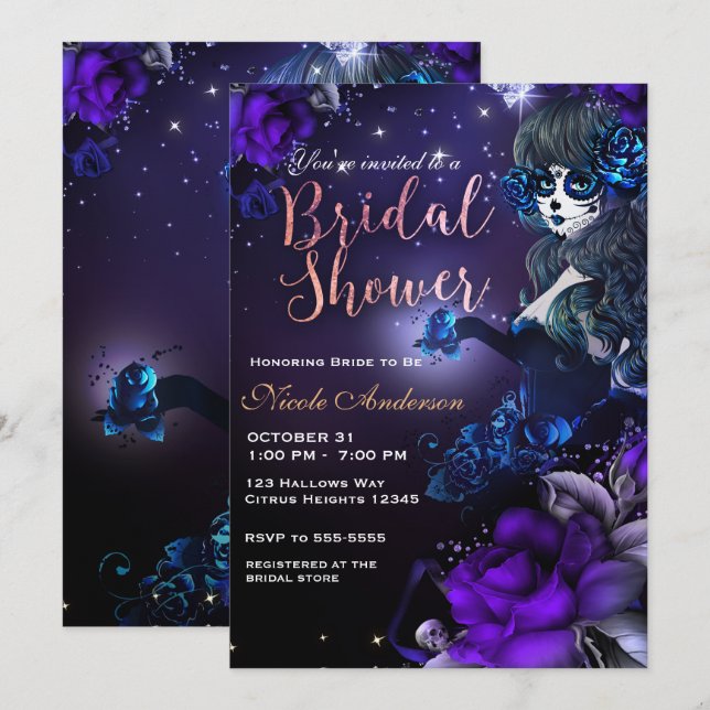 Invitación Día de la Chica Muerta Ducha Azul Púrpura Bridal (Anverso / Reverso)
