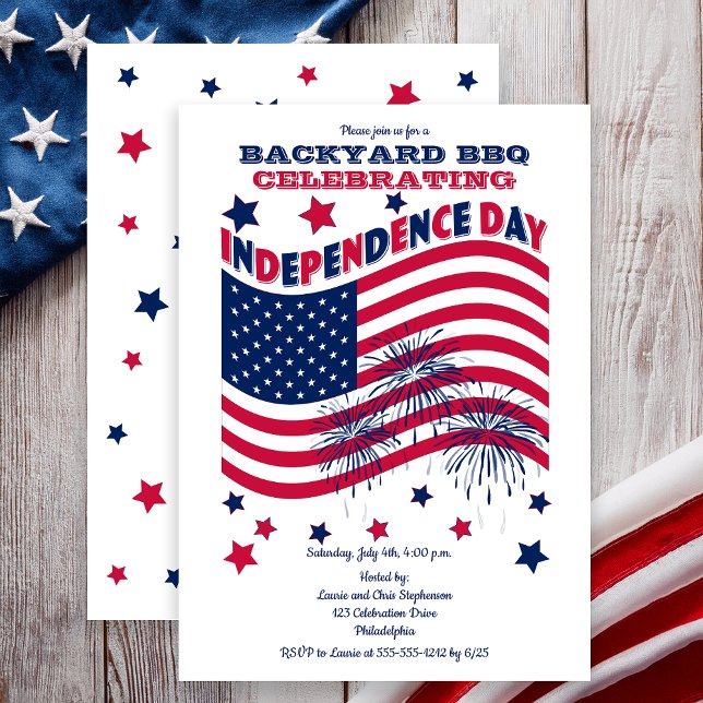 Invitación Día de la Independencia 4 de julio Fiesta - Bander (Backyard BBQ Celebrating Independence Day Waving Flag and Fireworks Party Invitation - Print | Digi)