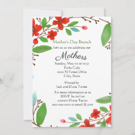 Invitación Día de la Madre Acuarela Flores Rojas Brunch 
