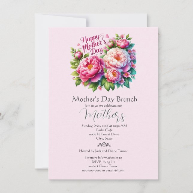 Invitación Día de la Madre Brunch Fiesta floral rosa (Anverso)