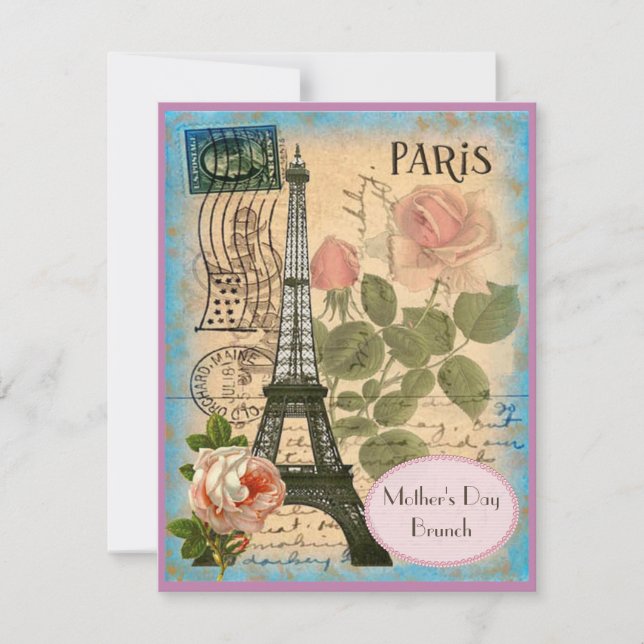 Invitación Día de la Madre Brunch Paris Torre Eiffel y Rosas (Anverso)