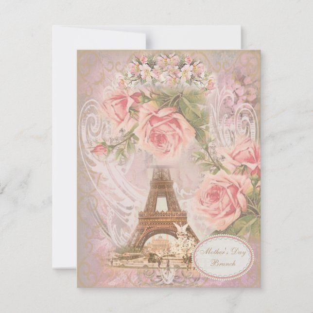 Invitación Día de la Madre Brunch Torre Eiffel Floral Rosa (Anverso)