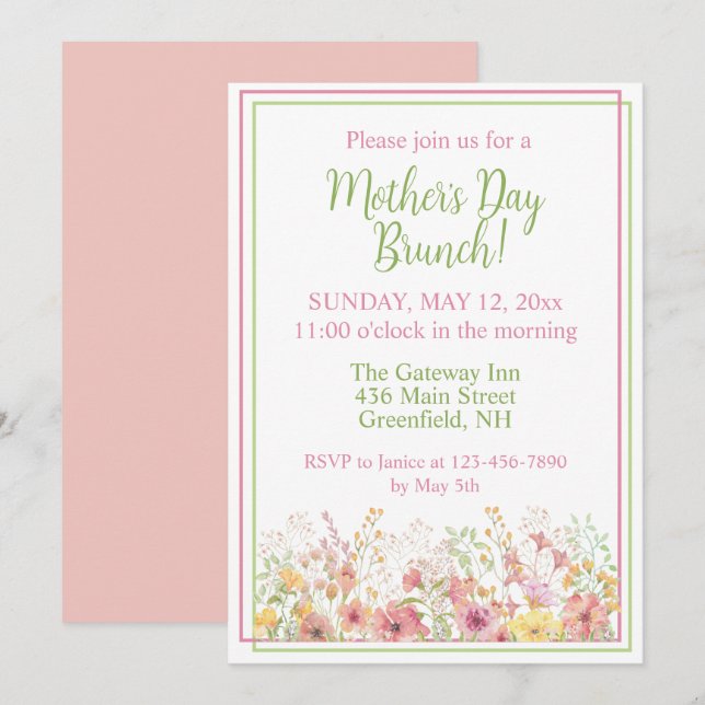 Invitación Día de la Madre de flores silvestres rosadas y ama (Anverso / Reverso)