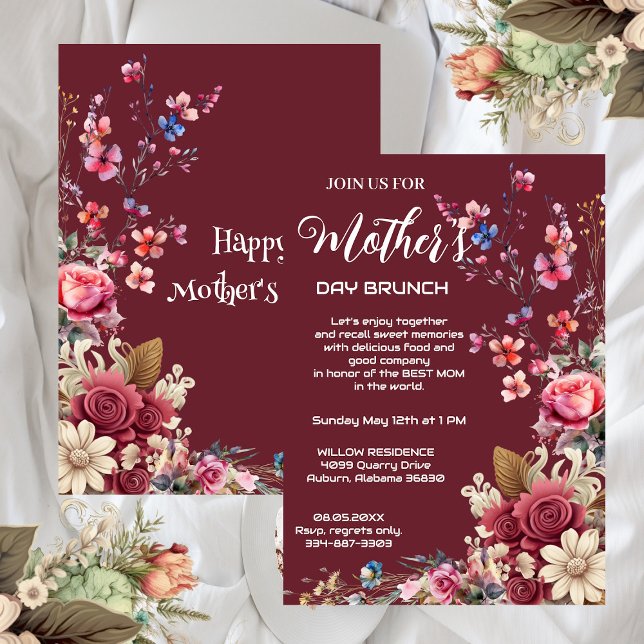 Invitación Día de la Madre de tipografía moderna marfil marró (Vintage Ivory Maroon Modern Typography Mothers Day Invitation)