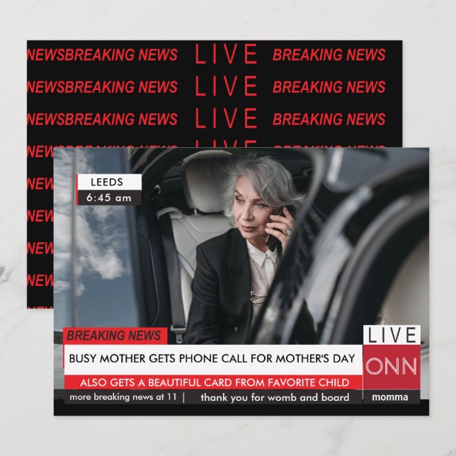Invitación Día de la Madre Divertido Rompiendo noticias de TV (Anverso / Reverso)