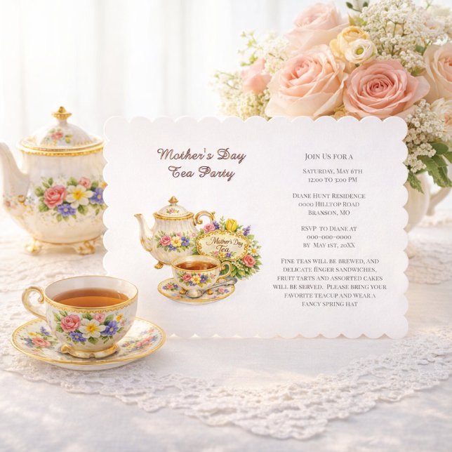 Invitación Día de la Madre Fiesta de Té Elegante (Elegant vintage tea party invitation template )