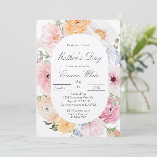 Invitación Día de la Madre floral rosa (Anverso de pie)