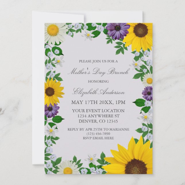 Invitación Día de la madre florida y floral de girasol rústic (Anverso)