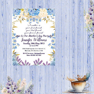 Invitación Día de la Madre Pastel Flor Azul Flor Azul Flor