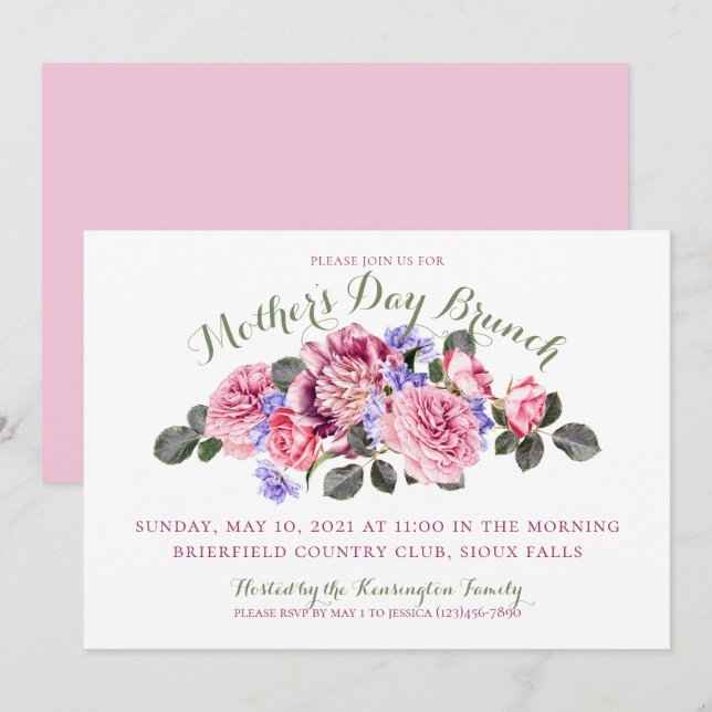 Invitación Día de la Madre Pastel Primavera Floral Rosa (Anverso / Reverso)