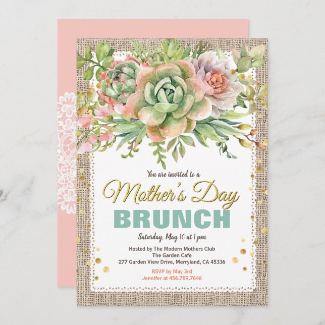 Invitación Día de la Madre Té Fiesta Brunch Floral succulante (Anverso / Reverso)