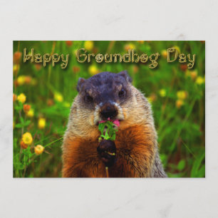 Invitación Día de la marmota feliz que come la flor