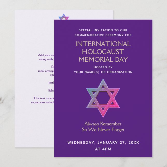 Invitación Día de la Memoria del Holocausto (Anverso / Reverso)