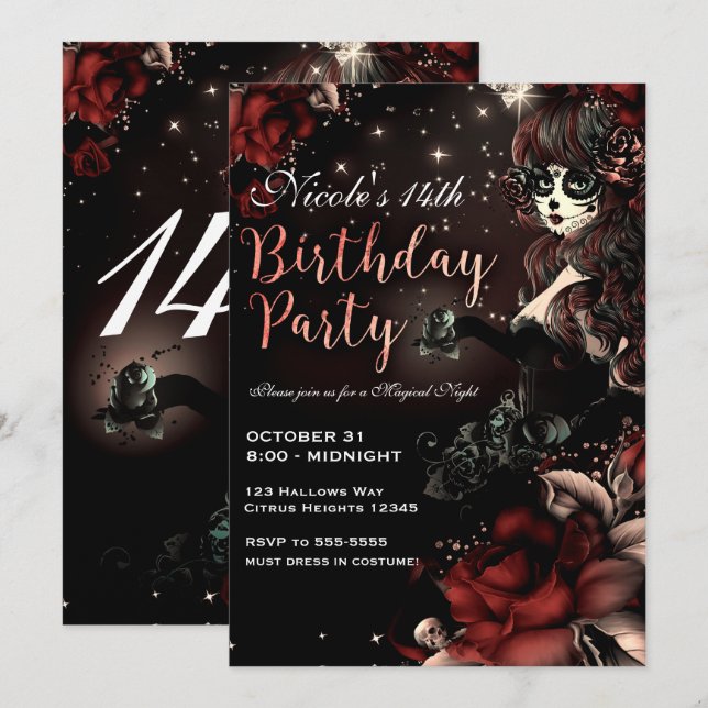 Invitación Día de la Muerte Chica Red Black Birthday Party (Anverso / Reverso)