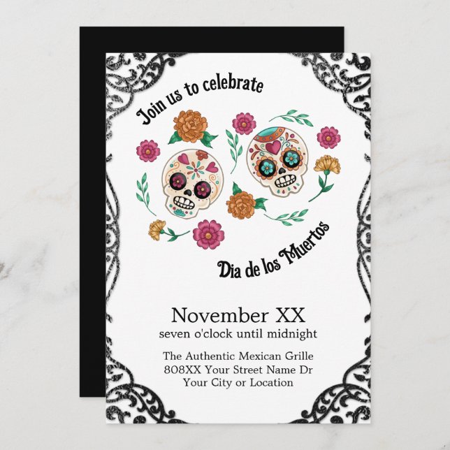 Invitación Día de las Calaveras y Flores de Azúcar Muertas (Anverso / Reverso)