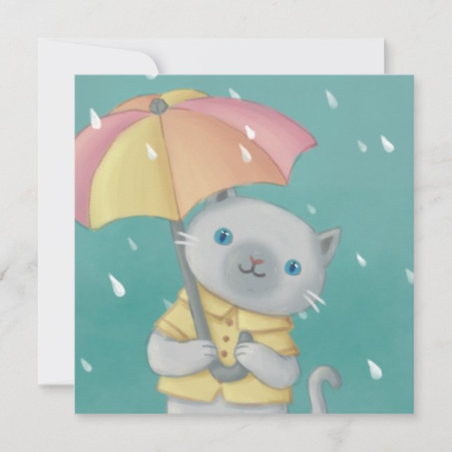 Invitación Día de lluvia: Ilustracion de gatos y paraguas (Anverso)