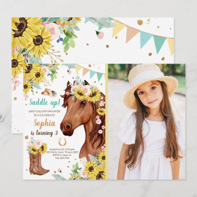 Invitación Día de los Caballos Invitan a Chica Sunflowers Pon (Anverso / Reverso)