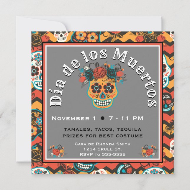 Invitación Día de los Cránulos Azucareros Muertos, naranja zi (Anverso)