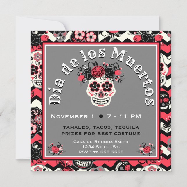 Invitación Día de los Cránulos Azucareros Muertos, rosa zigza (Anverso)