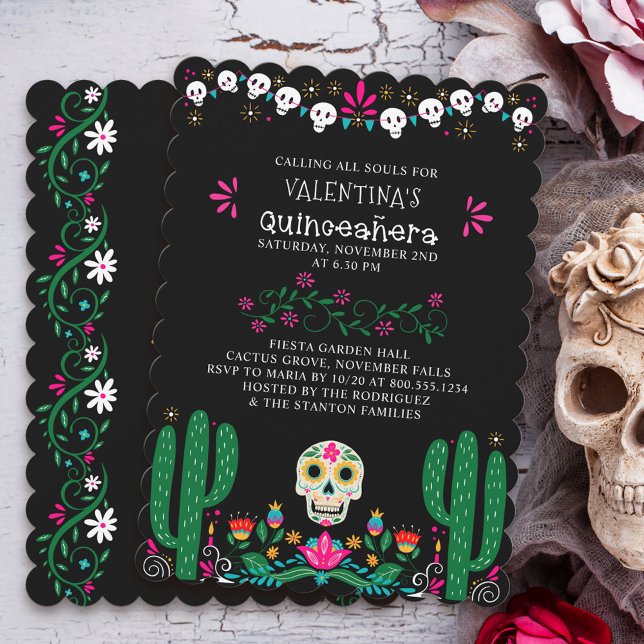 Invitación Día de los Cránulos Florales Muertos Quinceanera (Day of the Dead Quinceanera Invitation from my Dia de los Muertos collection)
