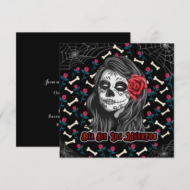 INVITACIÓN DIA DE LOS MUERTOS AZÚCAR CHICA Y ROSAS ROJAS (Anverso / Reverso)